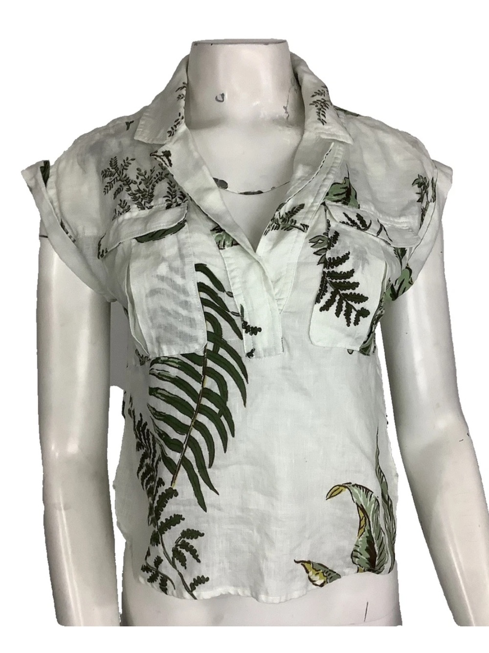 By Anthropologie Sz XS 100% Linen Plant Fern Print Vacation Travel Beach Top